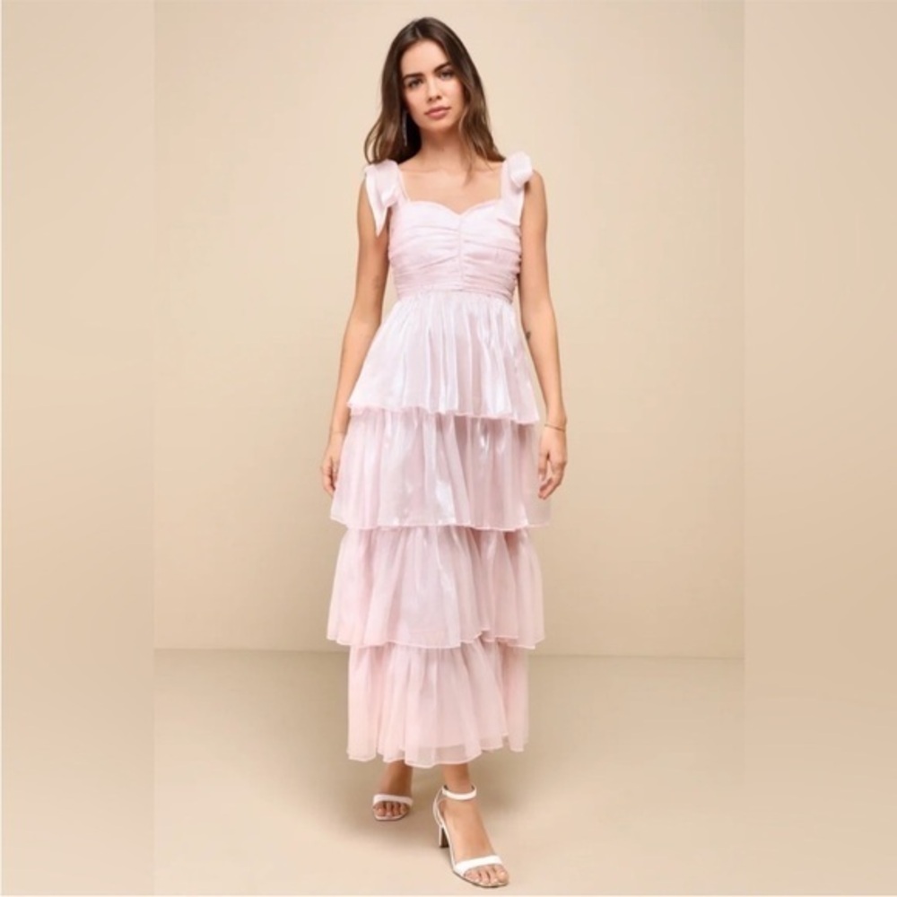 LULU'S Radiant Arrival Shiny Pink Organza Tiered Tie-Strap Maxi Dress Shimmer